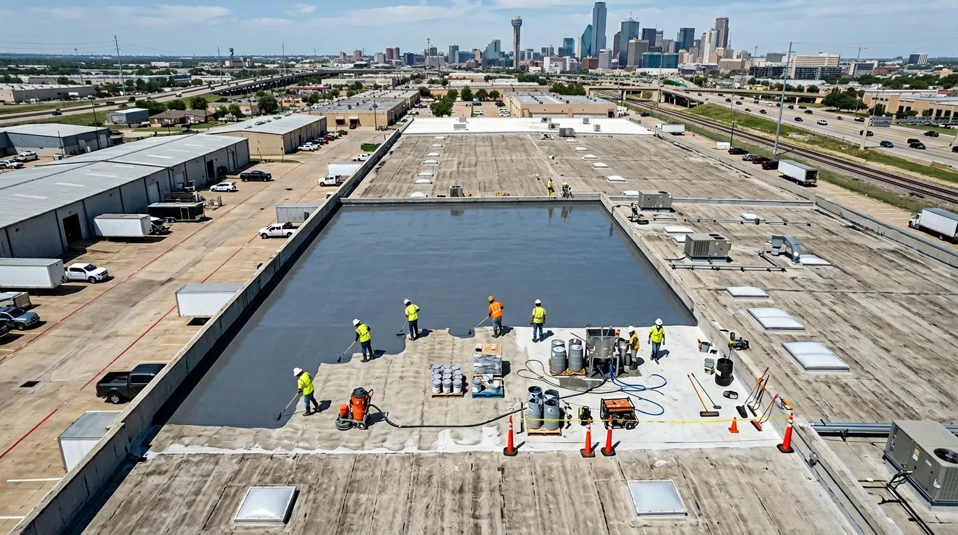 Aerial view of a Plano-area commercial floor coating project