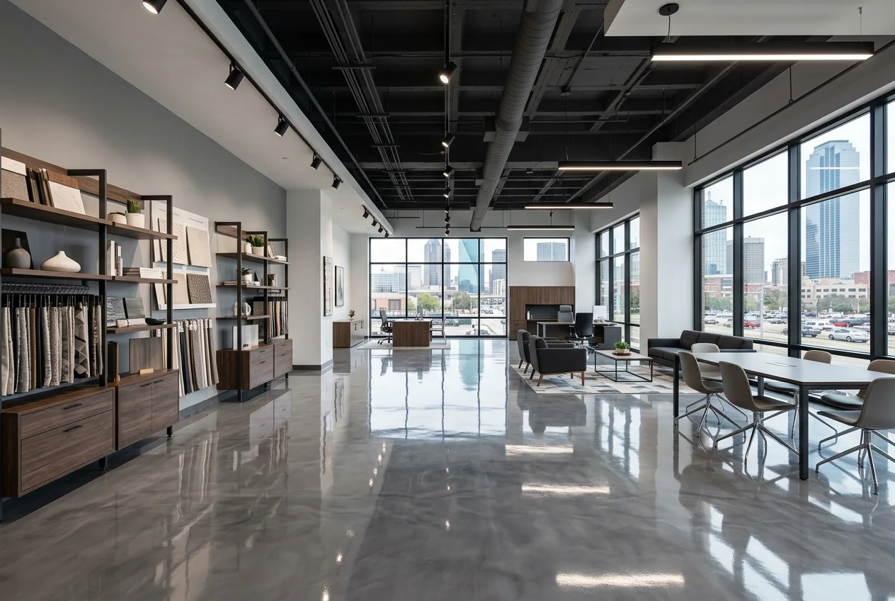 Commercial epoxy floor inside a Plano showroom