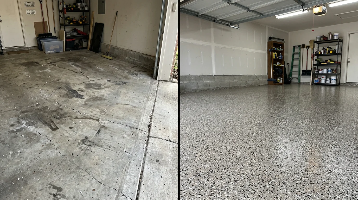 Before and after comparison of a cracked garage slab turned into a finished epoxy floor