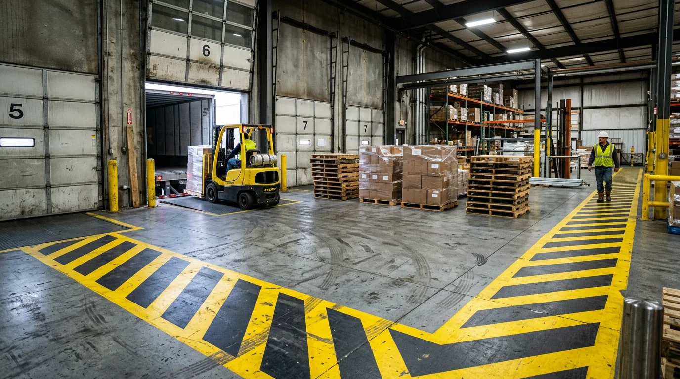 Industrial loading area with durable coating and safety striping